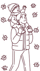 Black and white outline drawing of father carrying child on shoulders among autumn leaves, designed for coloring books and learning