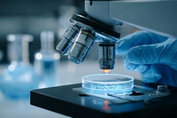 Microscope lab research with scientist hand adjusting sample. Close-up of petri dish under lens in modern laboratory setting. Blue gloves ensure sterile environment for study.