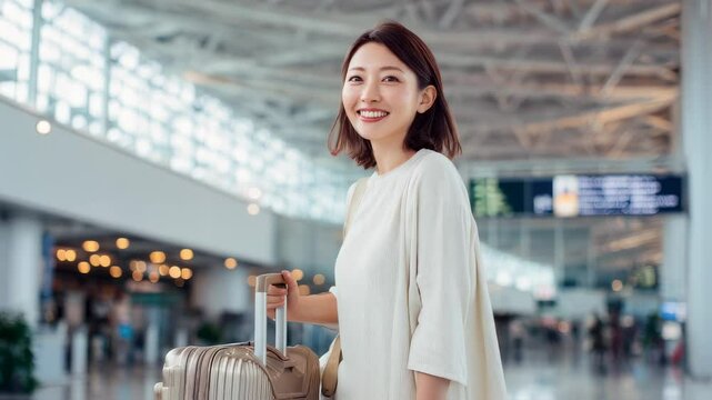 空港でキャリーを引く笑顔の女性