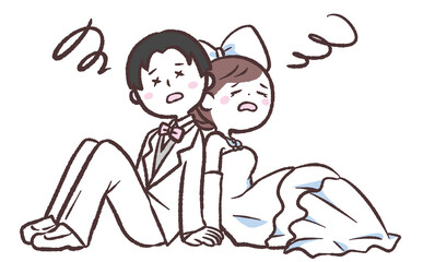 	疲れて座り込む結婚する男女のイラスト