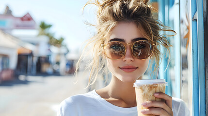 Young woman with wavy hair wearing oversized sunglasses enjoying iced coffee outdoors sunny day, smiling softly with relaxed