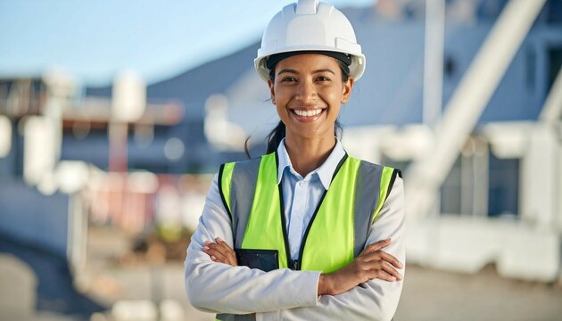 Smiling confident construction worker with crossed arms on building site. Engineer, architect wearing safety helmet, high-visibility vest. Construction industry