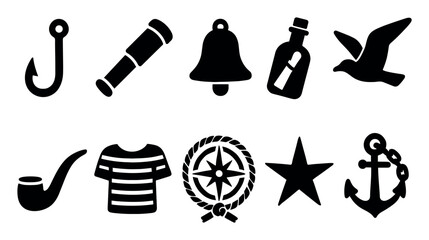 Marine transport silhouette icon set. nautical, boating symbols silhouette collection