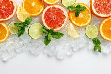 Citrus fruits with ice and mint leaves. Perfect for refreshing drink or summer decor. Bright slices add vibrant touch.