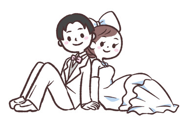 結婚式の姿で座る男女のイラスト