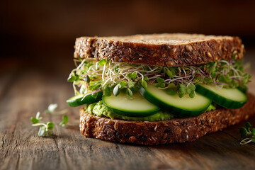Fresh veggie sandwich on multigrain bread with avocado, cucumber, and sprouts, photographed on a rustic table with natural lighting