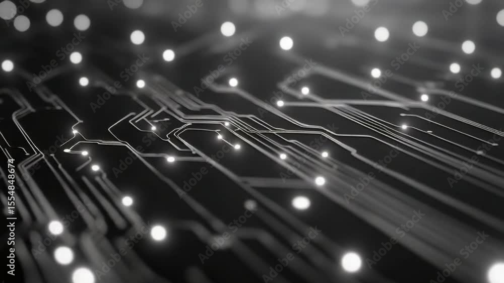 Poster close-up of intricate circuit board pathways illuminated by glowing points