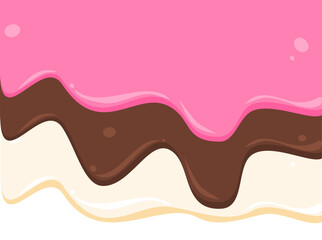 Strawberry, chocolate and vanilla cream melted with cone vector. Ice cream waffle sweet liquid illustration. Mixed flavor glaze