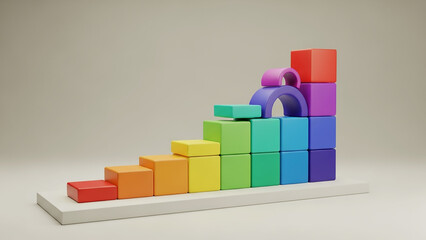 Colorful Building Blocks Stacked in Rainbow Order on White Base