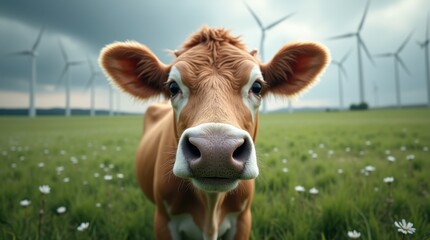 a curious Holstein cow with soulful eyes and a detailed nose, set in a lush green pasture with white wildflowers, wind turbines in the background under a moody sky