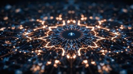 Glowing 1s and 0s forming fractal-like symmetrical patterns on virtual dark interface - Powered by Adobe