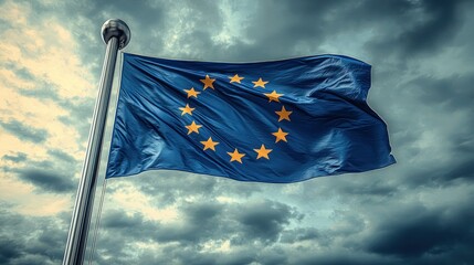 EU flag waves, yellow stars, against ominous cloudy sky