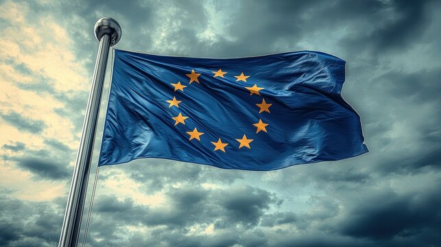 EU flag waves, yellow stars, against ominous cloudy sky