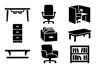 Office furniture solid icon set. desk, chair, cubicle icons for workplace organization