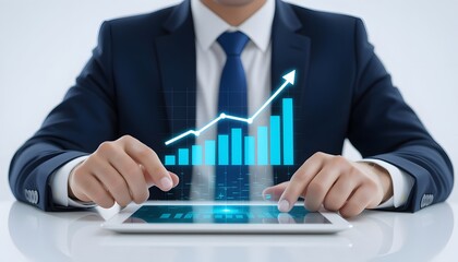 Close-up photo from above of a businessman's hand using a tablet pc to analyze data with a floating virtual image of a growing graph