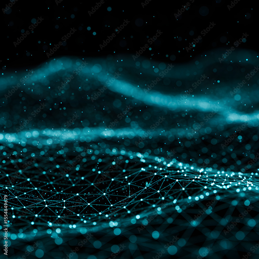 Poster abstract digital illustration of interconnected points and lines forming a textured surface.
