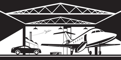 Airport hangar with private jet  and luxury car – vector illustration