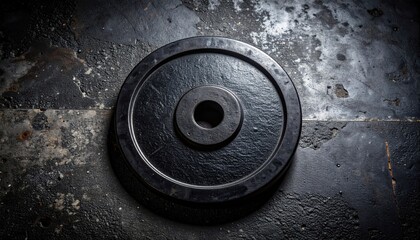 Heavy Black Weight Plate on Grunge Dark Metal Surface Gym Fitness Background