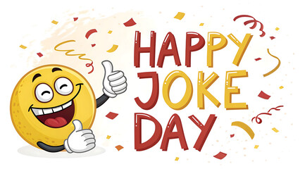 Happy joke day illustration with a smiling emoji giving thumbs up and confetti