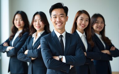Confident Asian businesspeople in powerful poses, donning business suits, symbolizing a dynamic corporate team. Captivating unity and professionalism. generative AI. High quality