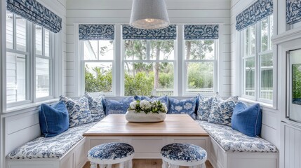 Bright, inviting nook with blue-patterned cushions and a wood table in a cozy sunlit space