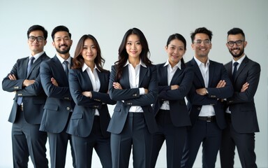 Confident Asian businesspeople in powerful poses, donning business suits, symbolizing a dynamic corporate team. Captivating unity and professionalism. generative AI. High quality