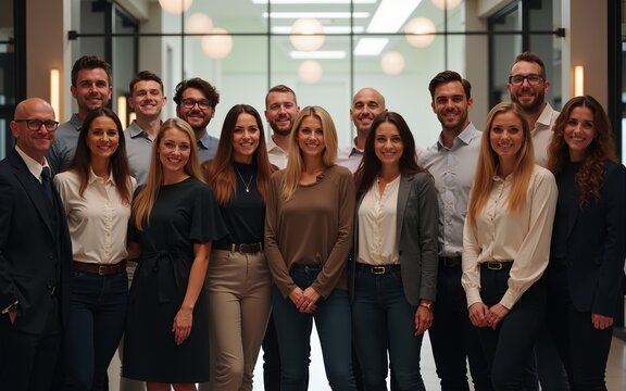 The high-achieving business team celebrates their success in a well-lit environment, arranged by department for a group photo. Generative AI. High quality