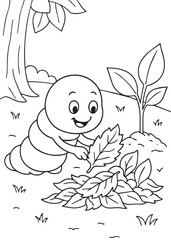 Coloring book page of a worm gathering leaves in the forest.