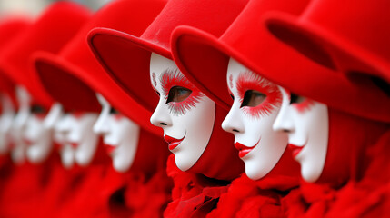 Colorful parade of clowns in red costumes city square cultural event urban setting side view celebration of art