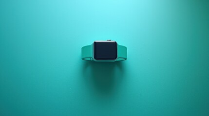 Teal smart watch, top view.  Flatlay of modern tech accessory