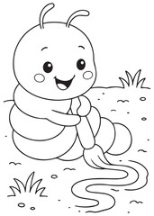 Coloring book page of a worm playing with a rope in the park.