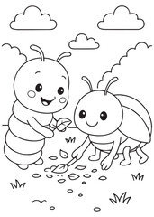Coloring book page of a worm giving food to a ladybug.