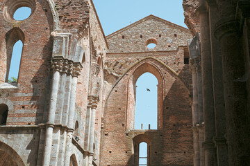 Abandoned Abbey of San Galgano, Italy. Roofless Abbey
