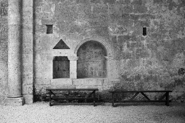 Interior architecture of the Abbey of San Galgano, Italy