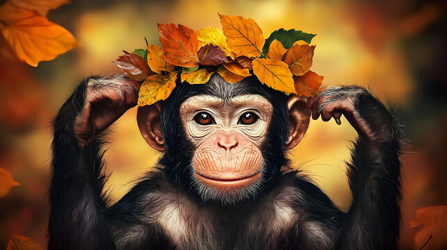 Chimpanzee wearing autumn leaf crown, smiling, fall scene