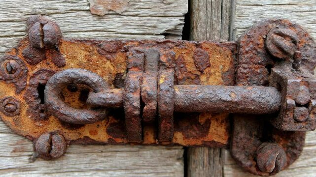 Rusted metal latch on weathered wood