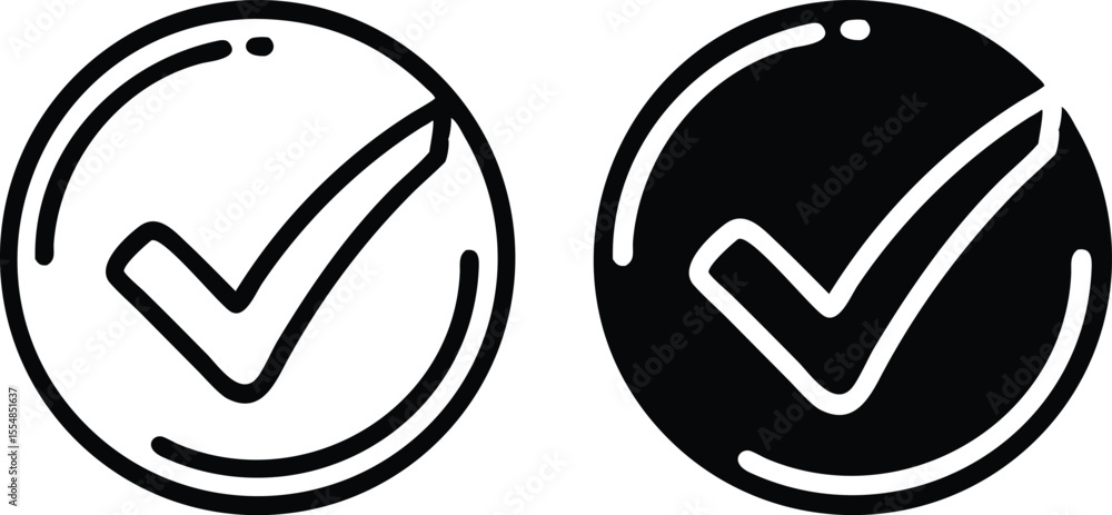 Poster minimalist black checkmark icon in circle – flat vector illustration with clean lines and precise ge