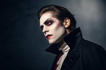 Dramatic Gothic Character Portrait Mysterious Vampire Face, Illuminated By Intense Lighting, Showcasing An Eerie Costume With Coat, Jabot, And High Collar