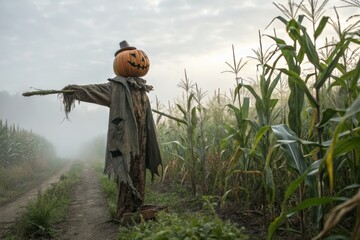Eerie Halloween Scene Mysterious Scarecrow With Pumpkin Head Stands In Vast Green Cornfield Of Mature Corn, Its Straw Body Blending Into Misty Background