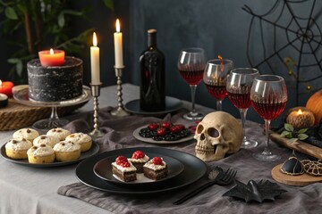Elegant Halloween Table Decoration Featuring Grey Plates, Exquisite Wine, And Flickering Candles, Alongside Sophisticated Cake Centerpiece, Perfect For Memorable Gathering