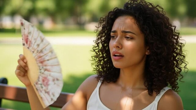 Woman Fanning Herself with Hand Fan Feeling Hot Outdoors