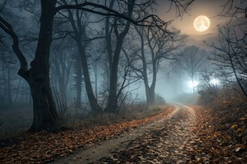 Enchanting Dark Autumn Forest Scene Misty Path Winds Past Bare Trees Moonlight Pierces Dense Mist, Illuminating Mysterious Background Light
