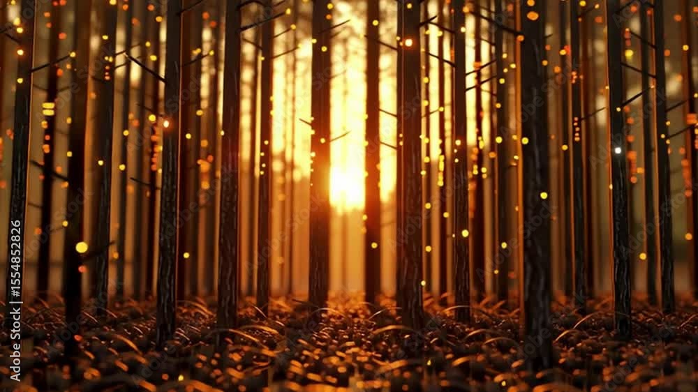 Poster magical sunset in serene forest warm light filtering through tall trees and glowing orbs creating na