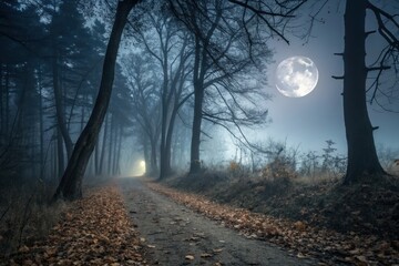 Moonlit Path Through Mysterious Bare Forest An Ethereal Winter Scene Of Solitude With Distant Light And Silhouetted Trees