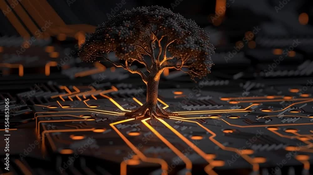 Poster glowing digital tree design fusion of nature and technology on circuit board with intricate black li
