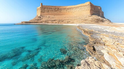 Fortress on shore, clear blue water laps the sandy beach