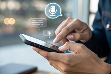 AI assistant interaction, Person using smartphone chatbot powered by artificial intelligence. Virtual assistant apps, smart support systems, machine learning, digital communication concepts.