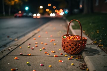 Vibrant Halloween Scene Colorful Candy, Including White, Yellow, And Red Treats, Spilled On Concrete Near Full Basket On Green Grass, With Blurred Street Background