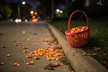 Vibrant Halloween Residential Scene Colorful Trickortreat Candy, Including Classic Corn, Spills Across Concrete Ground From Plastic Basket At Night