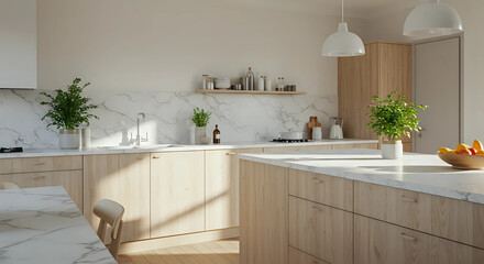 Portrait of minimalist modern kitchen interior, natural light, white marble counter, wooden cabinets, potted plants, Scandinavian style, clean design